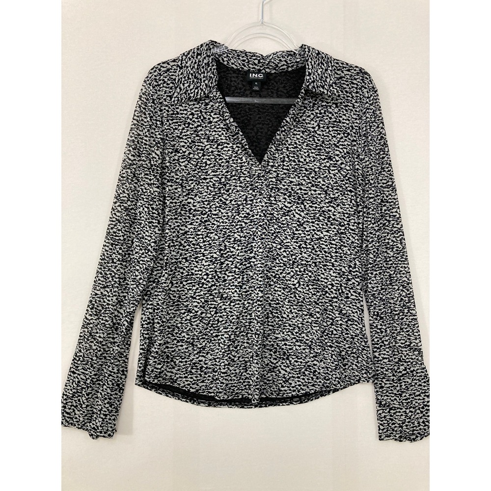 INC‎ International Concepts Mesh Top XL Black White Long Sleeve V-Neck Stretch